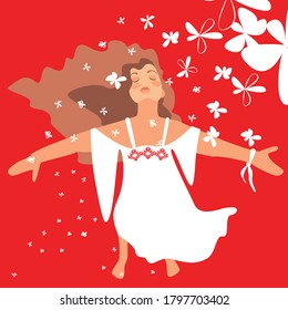 Belarusian women in white. illustration of protest in Belarus. Vector illustration on a red background.