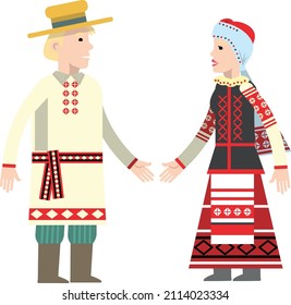 Belarusians man and woman in national costumes stand facing each other