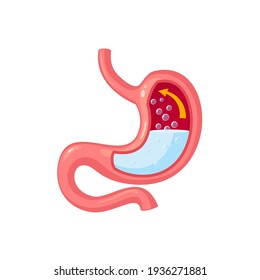 Belching gas human stomach. Internal organ, anatomy. Vector cartoon flat icon illustration isolated on white background.