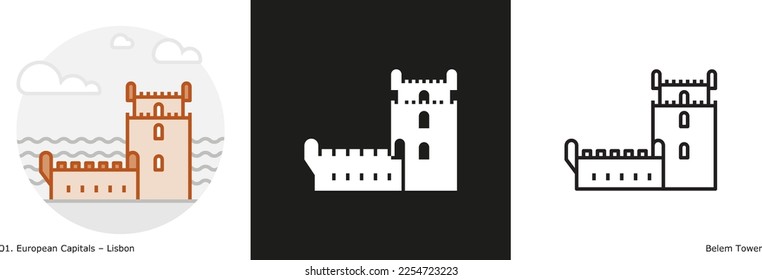 Belem Tower filled outline and glyph icon. Landmark building of Lisbon, the capital city of Portugal.
