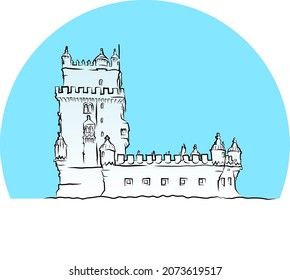 Belem Tower landmark with blue sky. The Belem tower (Torre de Belem). Travel to Portugal. Vector flat illustration.