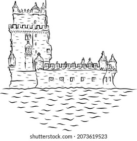 Belem Tower Landmark. World Famous Iconic Place In Lisbon, Portugal. Tourism Travel Postcard Home Wall Decor Art Concept. Modern Line Draw Design Vector Illustration