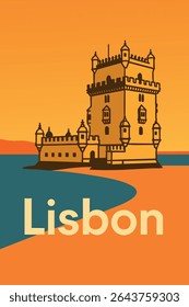 Belem Tower in Lisbon is illuminated by the warm colors of sunset, with the Tagus River gently flowing beside it. 