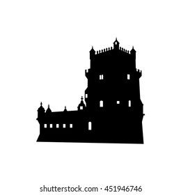 Belem Tower in Lisbon Portugal. Black silhouette of a tower on a white background.