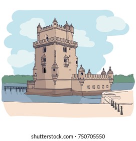 Belem Tower in Lisbon in watercolor