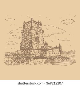 Belem Tower (or the Tower of St Vincent) on the bank of the Tagus River in Lisbon, Portugal. Vector freehand pencil sketch.