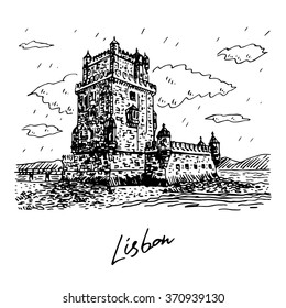 Belem Tower (or the Tower of St Vincent) on the bank of the Tagus River in Lisbon, Portugal. Vector freehand pencil sketch.