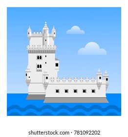 The Belem tower (Torre de Belem). Travel to Portugal. Vector flat illustration.