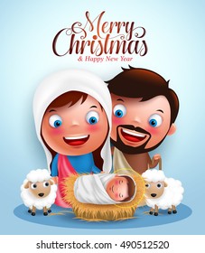 Belen with jesus born in manger, belen with joseph and mary vector characters  in christmas night with Merry Christmas greetings. Vector illustration
