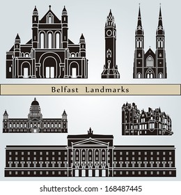 Belfast landmarks and monuments isolated on blue background in editable vector file