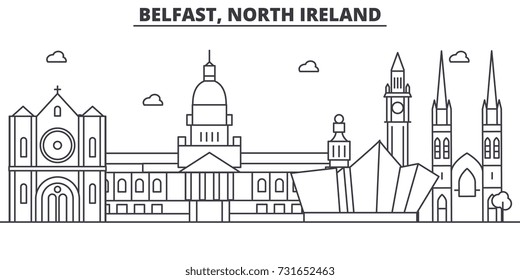 Belfast, North Ireland architecture line skyline illustration. Linear vector cityscape with famous landmarks, city sights, design icons. Landscape wtih editable strokes