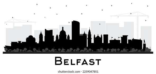 Belfast Northern Ireland City Skyline Silhouette with Black Buildings Isolated on White. Vector Illustration. Belfast Cityscape with Landmarks. Travel and Tourism Concept with Historic Architecture.