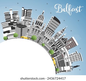 Belfast Northern Ireland City Skyline with Color Buildings, Blue Sky and Copy Space. Vector Illustration. Belfast Cityscape with Landmarks. Travel and Tourism Concept with Historic Architecture.