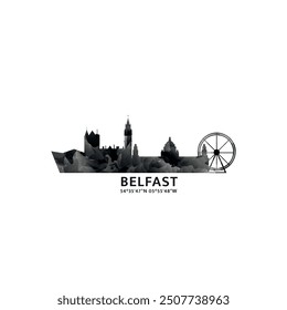 Belfast panorama, vector badge, skyline logo and icon. UK, Northern Ireland city horizon logotype with landmarks and building silhouettes. Isolated foggy abstract gradient graphic