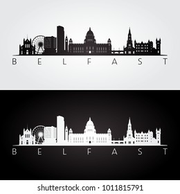 Belfast skyline and landmarks silhouette, black and white design, vector illustration.
