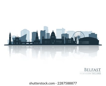 Belfast skyline silhouette with reflection. Landscape Belfast, Northern Ireland. Vector illustration.