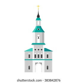 Belfry or Bell tower of the Russian Orthodox Church. Church in the town Bogoroditsk, local landmark. Isolated on white background.