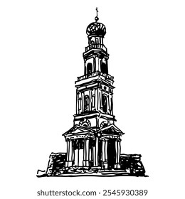 Campanario del monasterio de Kizichesky Vvedensky en Kazán, Tartaristán, Rusia. Antigua estructura ortodoxa rusa. Dibujado a mano dibujo lineal doodle áspero boceto. Silueta en blanco y negro.