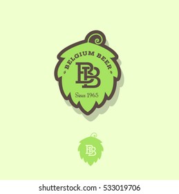 Belgian beer logo. Beer emblem as green hop with letters B. 