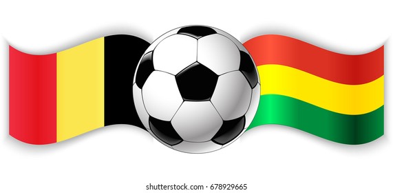 Belgian and Bolivian wavy flags with football ball. Belgium combined with Bolivia isolated on white. Football match or international sport competition concept.