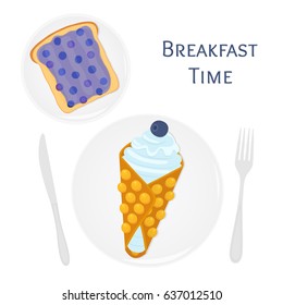Belgian or chinese waffle with cream, berries, toast with blueberry jam. Made in cartoon flat style. Tasty breakfast illustration.
