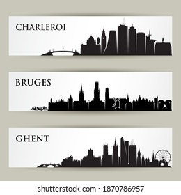 Belgian cities skylines - Charleroi, Bruges, Ghent isolated vector illustration