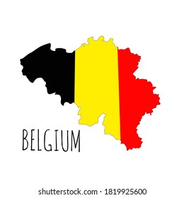 Belgian country map vector illustration colored like the flag of Belgium and bearing the word "BELGIUM"