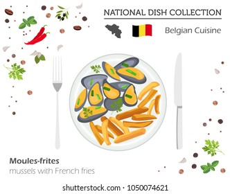 Belgian Cuisine. European national dish collection. Mussels with french fries isolated on white infographic. Vector illustration