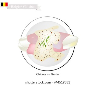 Belgian Cuisine, Illustration of Chicons au Gratin or Traditional Endive Wrapped in Ham and Topped with Melted Cheese. One of The Most Famous Dish in Belgium.
