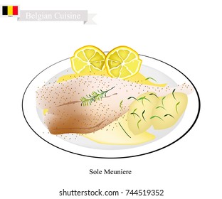 Belgian Cuisine, Illustration Of Sole Meuniere Or Traditional Sole Fish Fillet Fried In Butter And Served With Butter Sauce, Parsley And Lemon. One Of The Most Famous Dish In Belgium.