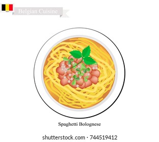 Belgian Cuisine, Illustration of Spaghetti Bolognese or Traditional Bolognese with Minced Beef, Tomato Sauce, Parmesan Cheese and Basil. One of The Most Famous Dish in Belgium.