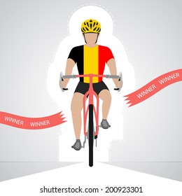 Belgian cyclist in front view crossing red finish line vector isolated illustration