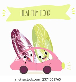 Belgian endive, red Belgian endive, chicory greens. Character cartoon cheerful funny vegetable, greens, salad. Vector illustration.