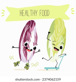 Endique belga, endique belga rojo, verduras de achicoria. Caricatura de personajes verduras alegres, verduras, ensalada. Ilustración vectorial.
