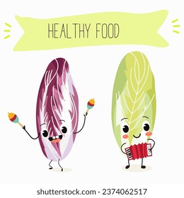 Belgian endive, red Belgian endive, chicory greens. Character cartoon cheerful funny vegetable, greens, salad. Vector illustration.