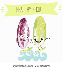 Belgian endive, red Belgian endive, chicory greens. Character cartoon cheerful funny vegetable, greens, salad. Vector illustration.