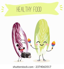 Belgische Endive, rote belgische Endive, Zichoriengrün. Charakterkartoon fröhliches lustiges Gemüse, Grün, Salat. Vektorgrafik.