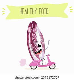 Belgian endive, red Belgian endive, chicory greens. Character cartoon cheerful funny vegetable, greens, salad. Vector illustration.