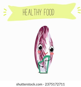 Belgian endive, red Belgian endive, chicory greens. Character cartoon cheerful funny vegetable, greens, salad. Vector illustration.