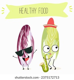 Belgian endive, red Belgian endive, chicory greens. Character cartoon cheerful funny vegetable, greens, salad. Vector illustration.