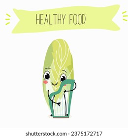 Belgian endive, red Belgian endive, chicory greens. Character cartoon cheerful funny vegetable, greens, salad. Vector illustration.
