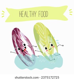 Endique belga, endique belga rojo, verduras de achicoria. Caricatura de personajes verduras alegres, verduras, ensalada. Ilustración vectorial.