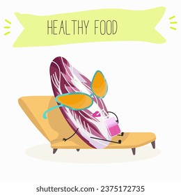 Belgian endive, red Belgian endive, chicory greens. Character cartoon cheerful funny vegetable, greens, salad. Vector illustration.