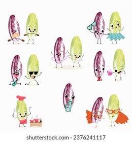 Belgian endive, red Belgian endive, chicory greens. Cartoon character cheerful vegetable, greens, salad. Vector illustration. Set of cheerful vegetables playing musical instruments, having fun.