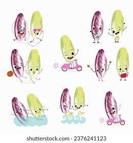 Belgian endive, red Belgian endive, chicory greens. Cartoon character cheerful vegetable, greens, salad. Vector illustration. Set of cheerful vegetables playing musical instruments, having fun.