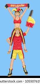 Belgian Fans Supporting Belgium Team with Scarf and Foam Finger. All the objects are in different layers and the text types do not need any font. 