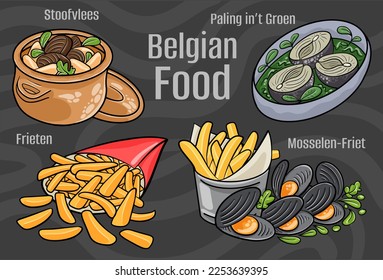 Belgian food. A set of classic dishes. Cartoon hand drawn illustration.
