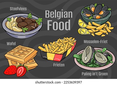 Belgian food. A set of classic dishes. Cartoon hand drawn illustration.