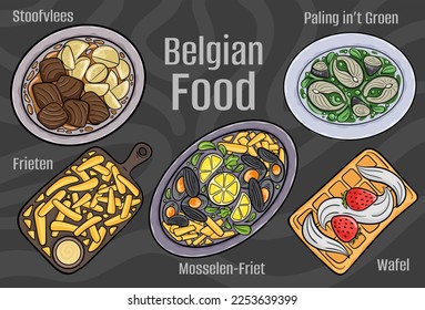 Belgian food. A set of classic dishes. Cartoon hand drawn illustration.