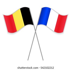 Belgian and French crossed flags. Belgium combined with France isolated on white. Language learning, international business or travel concept.